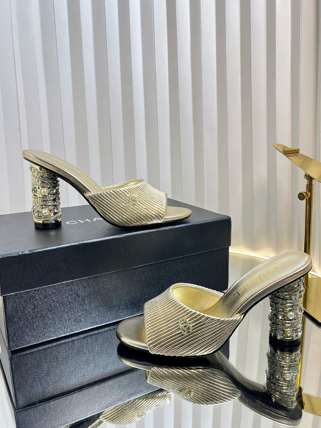 CHANEL 26S EMBELLISHED HEELED SANDALS 80 MM IN GOLD LAMBSKIN