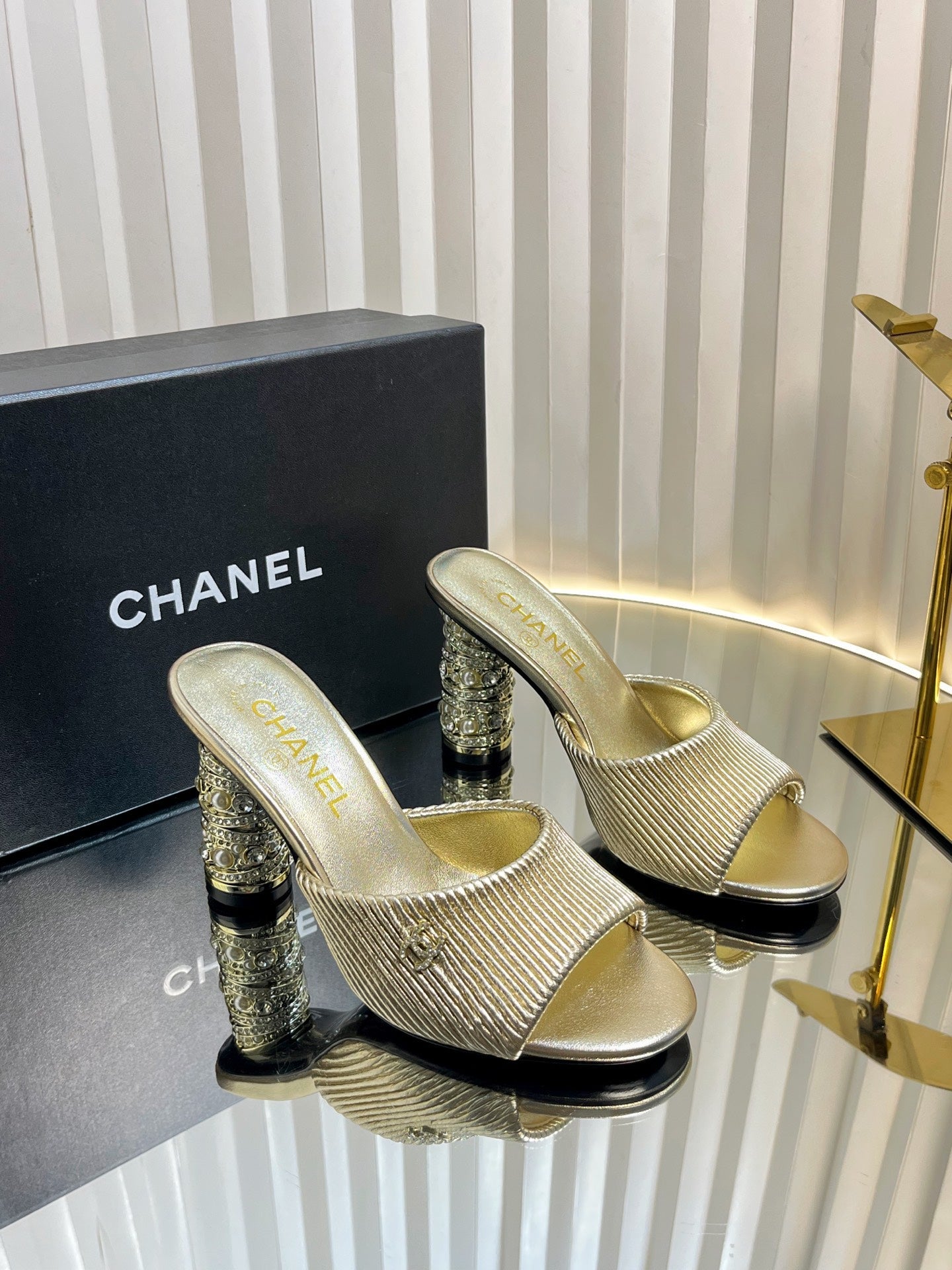 CHANEL 26S EMBELLISHED HEELED SANDALS 80 MM IN GOLD LAMBSKIN