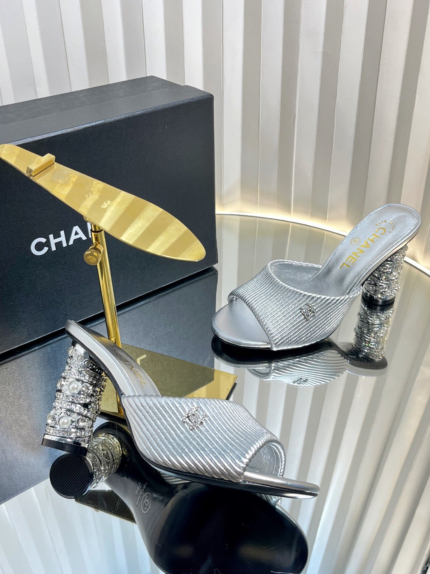 CHANEL 26S EMBELLISHED HEELED SANDALS 80 MM IN SILVER LAMBSKIN