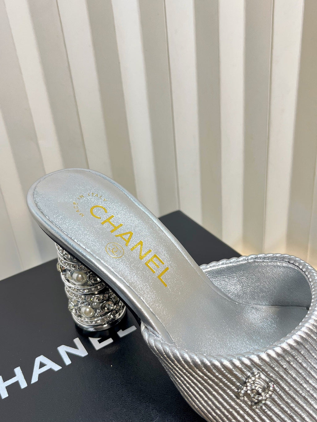 CHANEL 26S EMBELLISHED HEELED SANDALS 80 MM IN SILVER LAMBSKIN