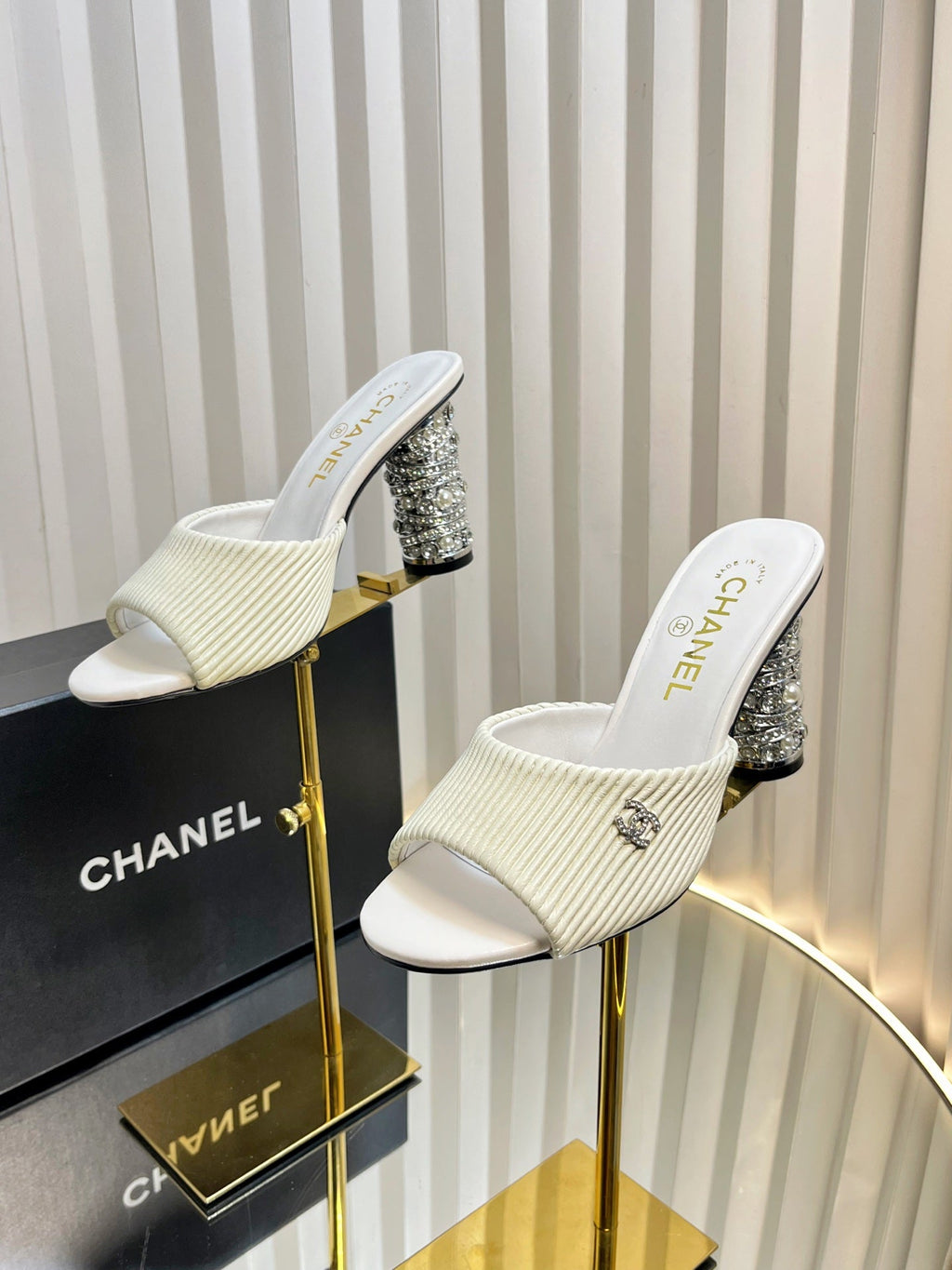 CHANEL 26S EMBELLISHED HEELED SANDALS 80 MM IN WHITE LAMBSKIN