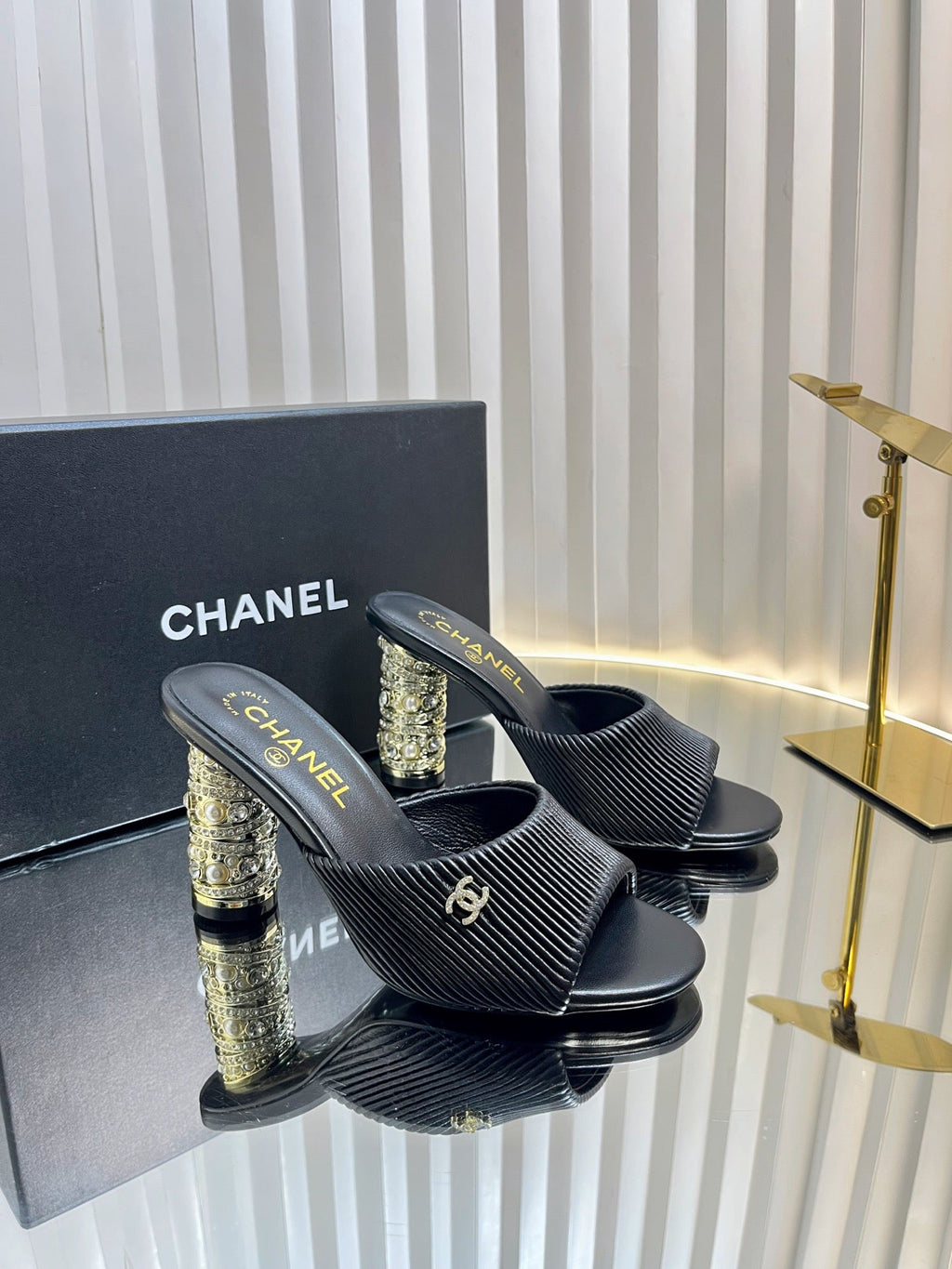 CHANEL 26S EMBELLISHED HEELED SANDALS 80 MM IN BLACK LAMBSKIN