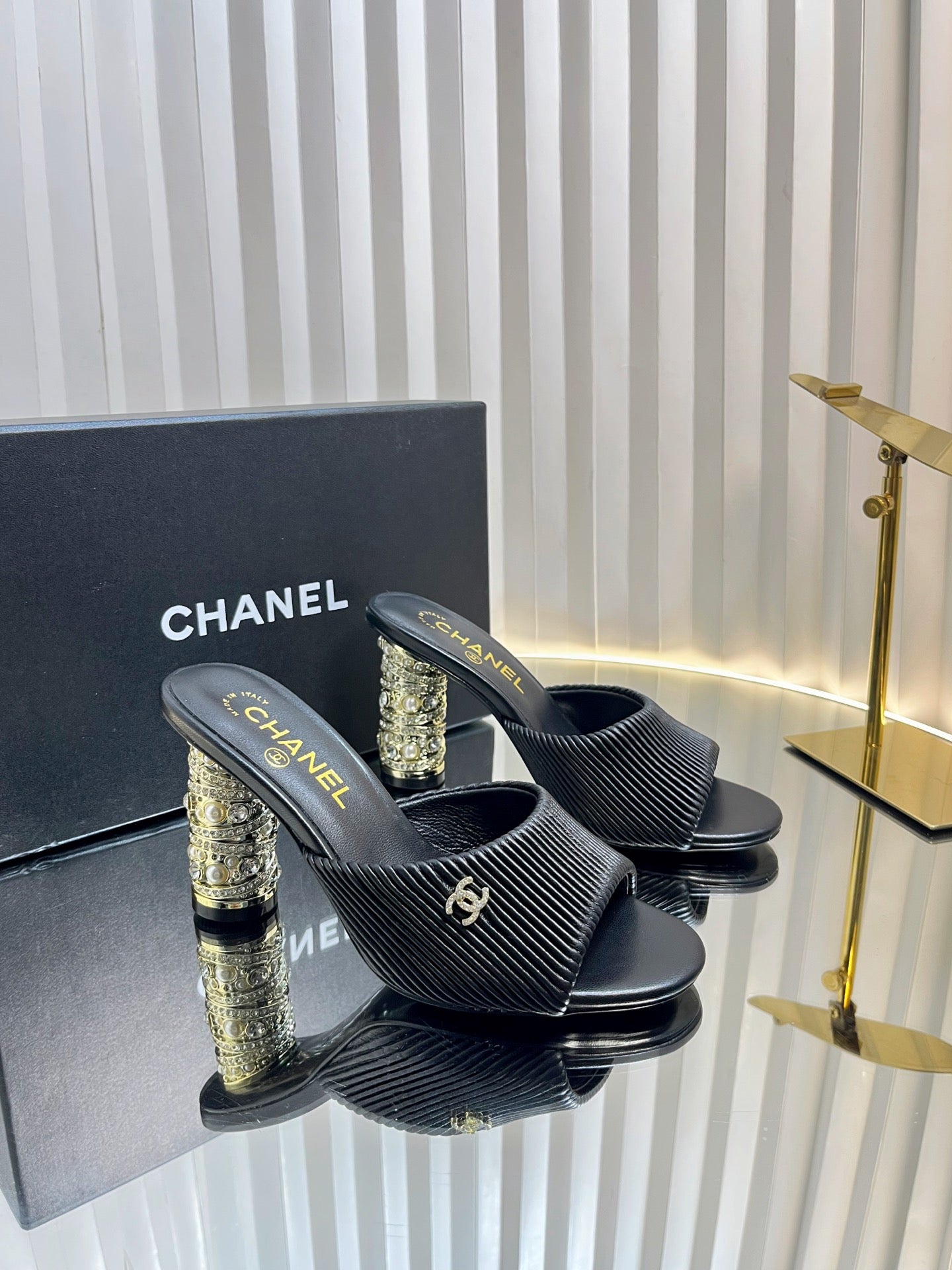 CHANEL 26S EMBELLISHED HEELED SANDALS 80 MM IN BLACK LAMBSKIN
