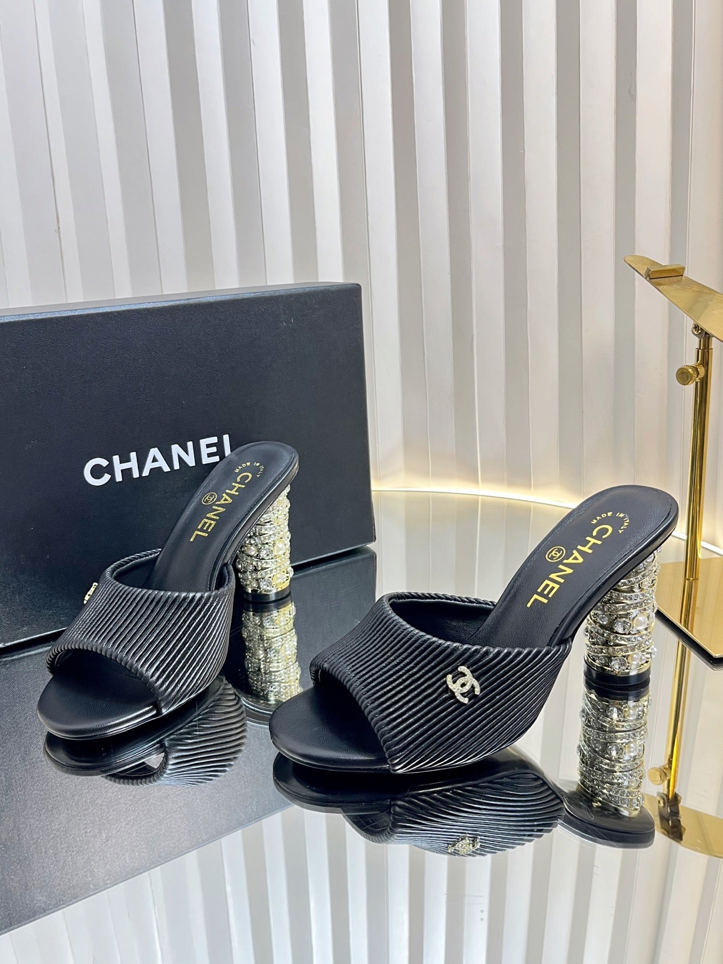 CHANEL 26S EMBELLISHED HEELED SANDALS 80 MM IN BLACK LAMBSKIN
