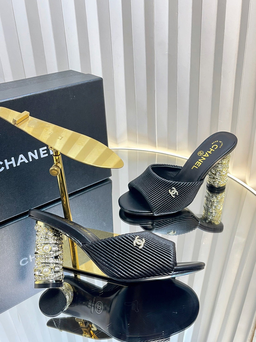 CHANEL 26S EMBELLISHED HEELED SANDALS 80 MM IN BLACK LAMBSKIN