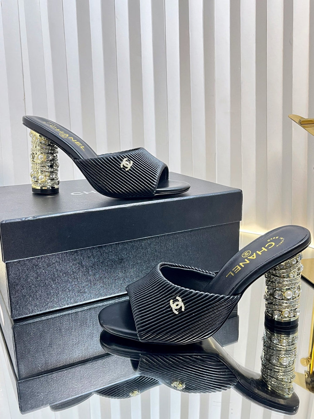 CHANEL 26S EMBELLISHED HEELED SANDALS 80 MM IN BLACK LAMBSKIN