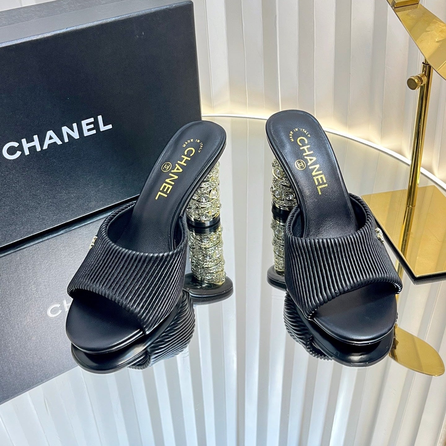 CHANEL 26S EMBELLISHED HEELED SANDALS 80 MM IN BLACK LAMBSKIN