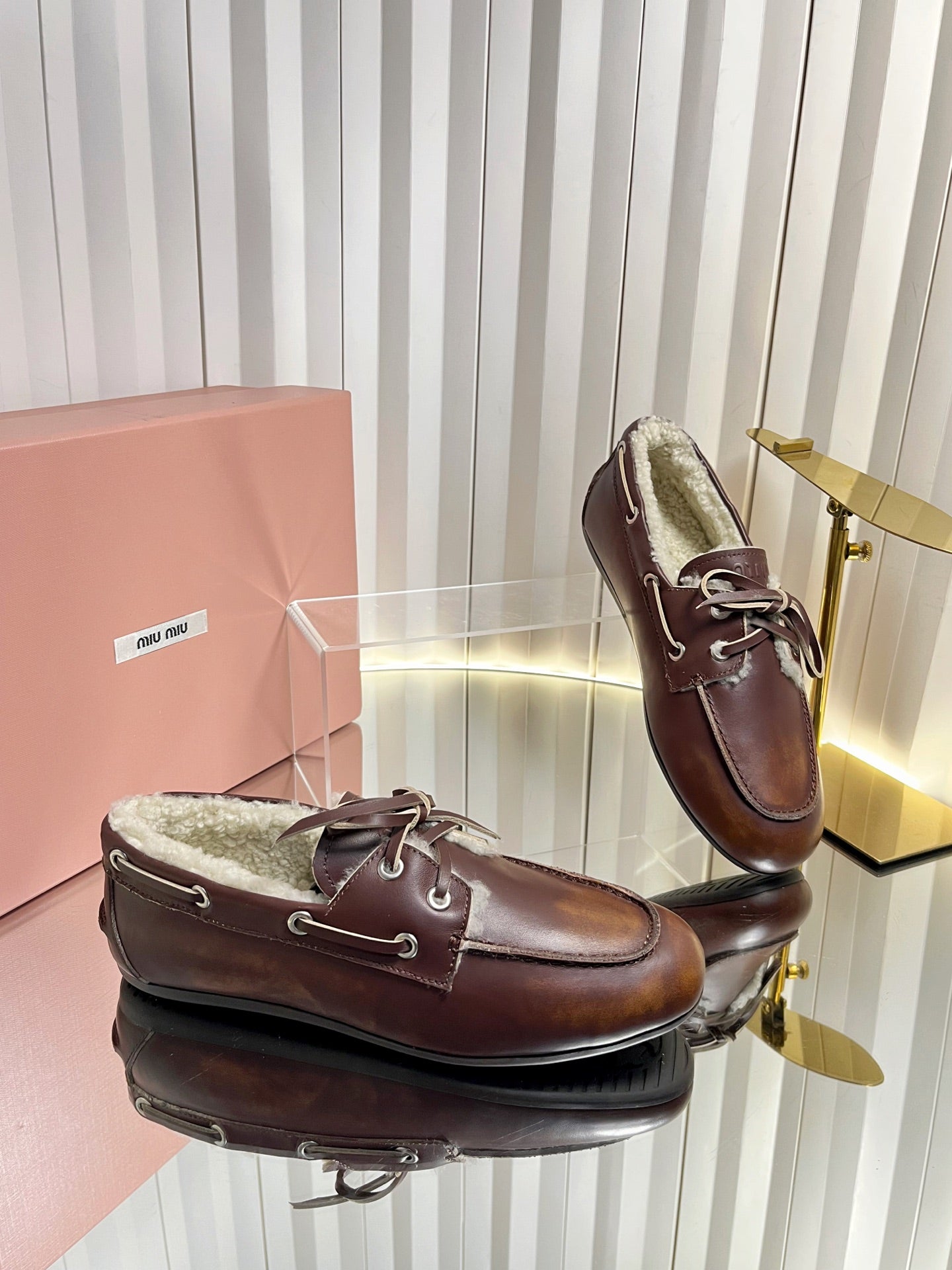 MIUMIU 26S FUR BOAT SHOES IN BROWN CALFSKIN