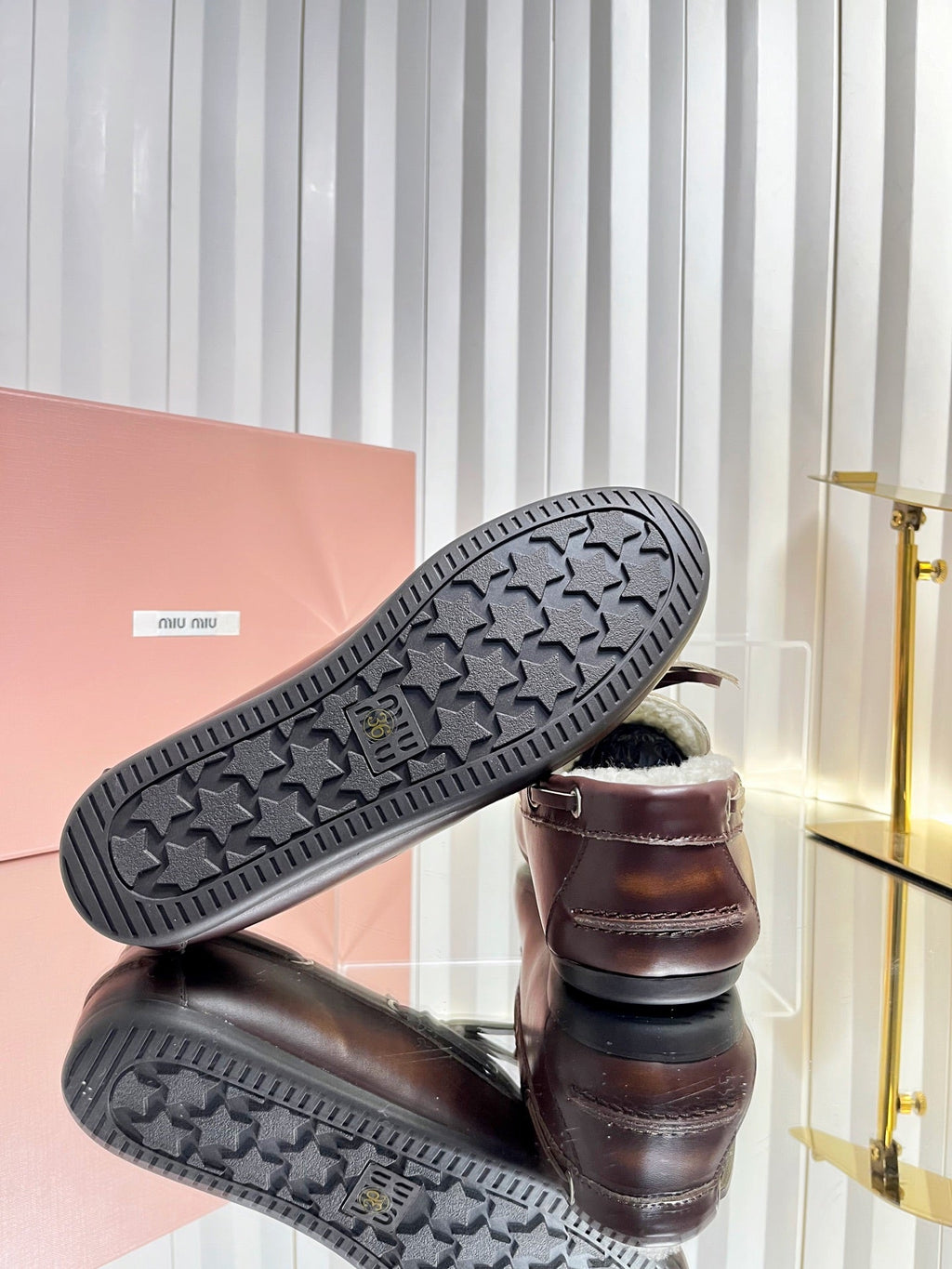 MIUMIU 26S FUR BOAT SHOES IN BROWN CALFSKIN