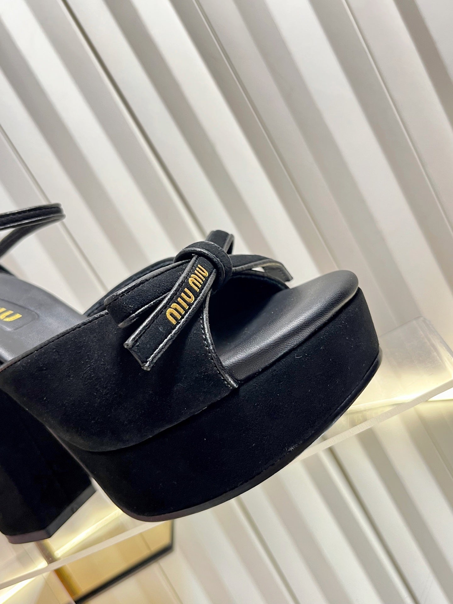 MIUMIU 26S PLATFORM ANKLE STRAP SANDALS 120MM IN BLACK SUEDE WITH BOW