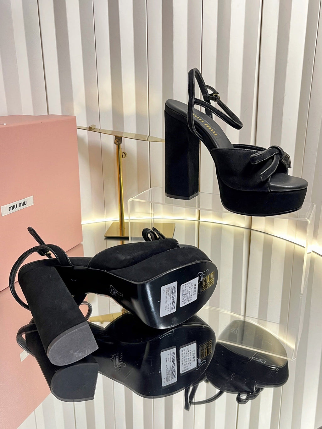 MIUMIU 26S PLATFORM ANKLE STRAP SANDALS 120MM IN BLACK SUEDE WITH BOW