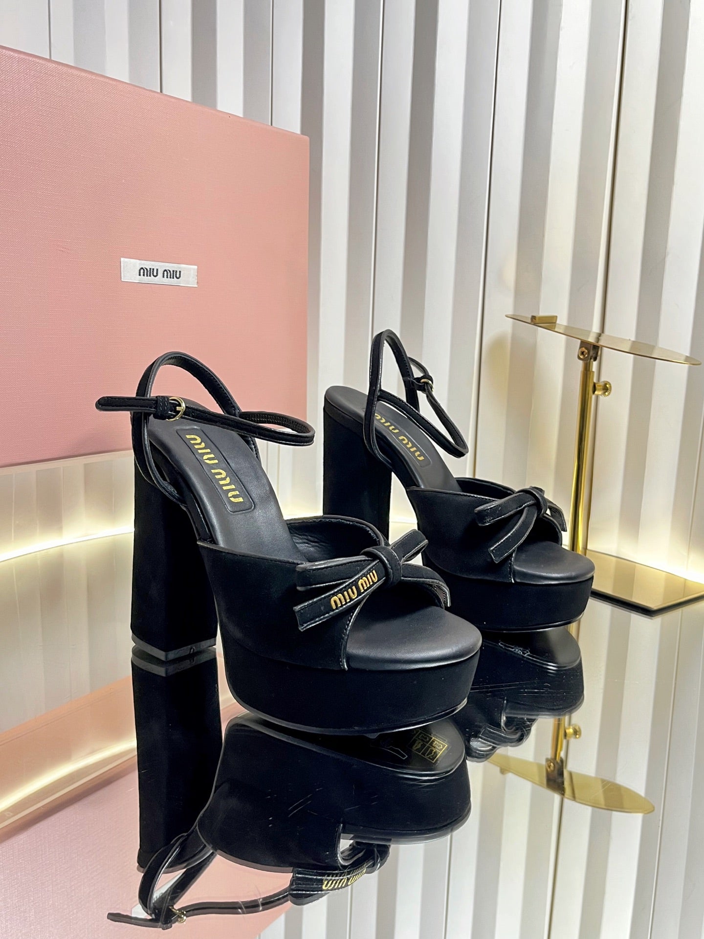 MIUMIU 26S PLATFORM ANKLE STRAP SANDALS 120MM IN BLACK SUEDE WITH BOW