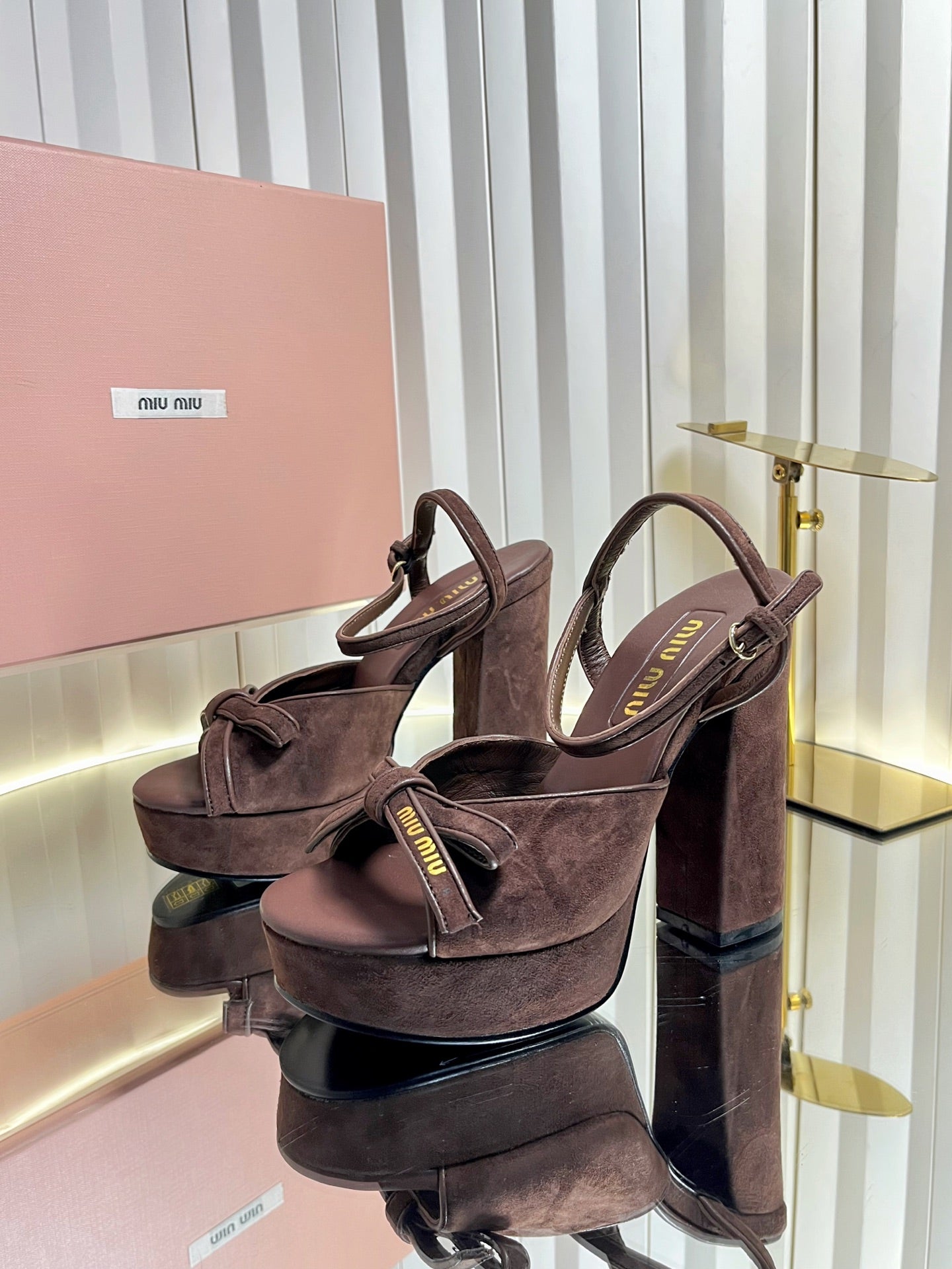 MIUMIU 26S PLATFORM ANKLE STRAP SANDALS 120MM IN DARK BROWN SUEDE WITH BOW