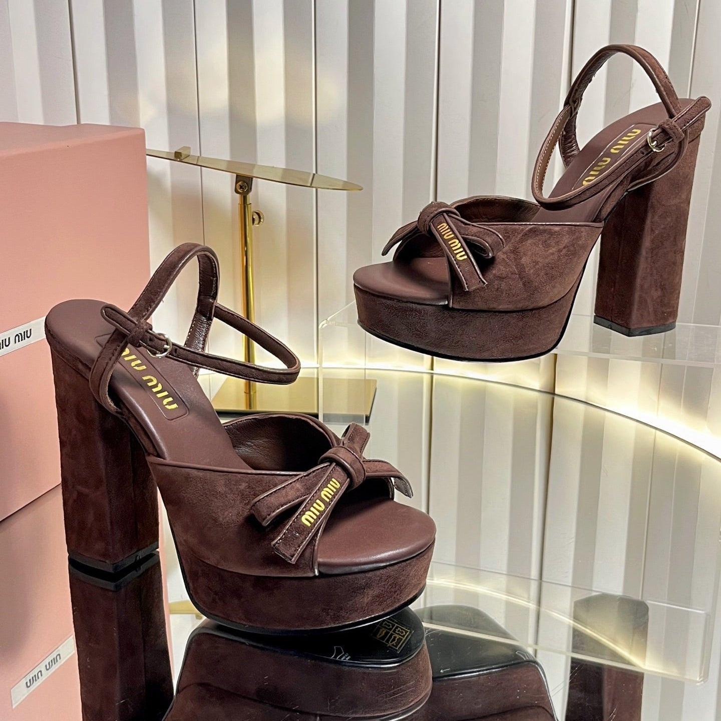 MIUMIU 26S PLATFORM ANKLE STRAP SANDALS 120MM IN DARK BROWN SUEDE WITH BOW