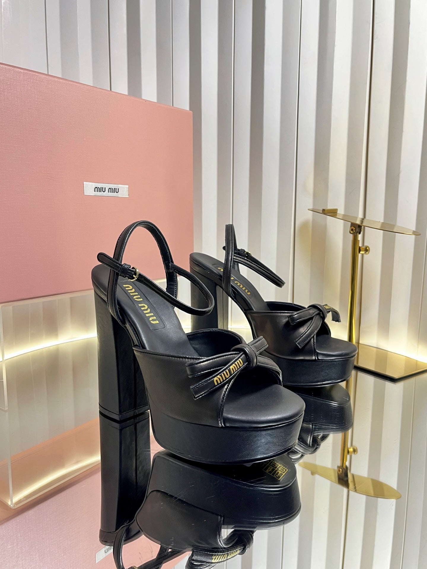 MIUMIU 26S PLATFORM ANKLE STRAP SANDALS 120MM IN BLACK CALFSKIN WITH BOW