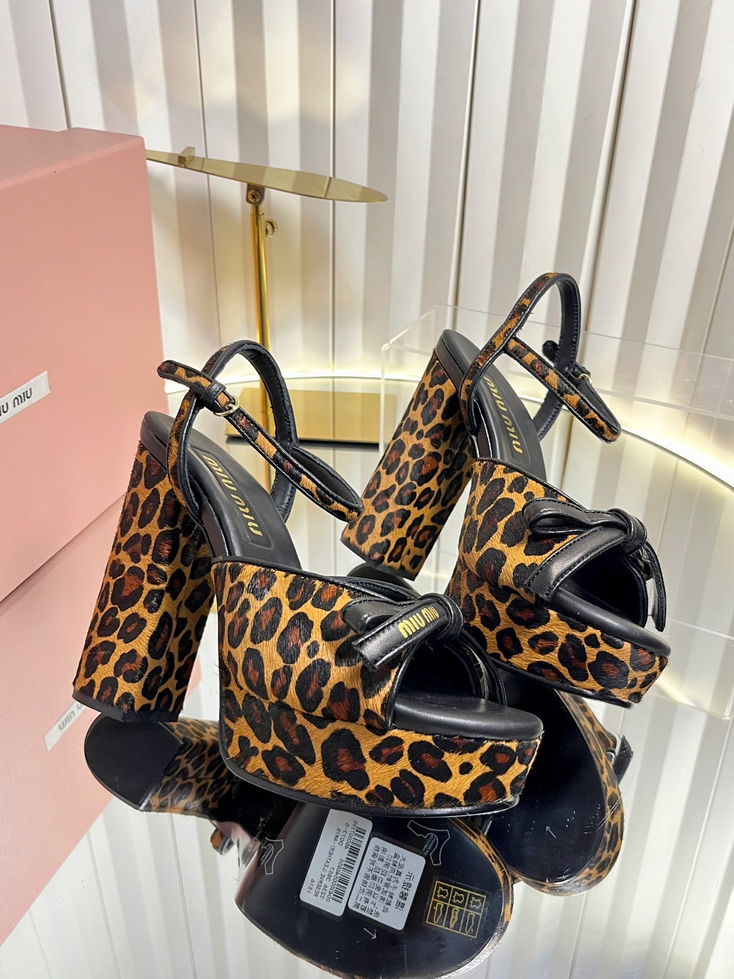MIUMIU 26S PLATFORM ANKLE STRAP SANDALS 120MM IN LEOPARD PRINT CALF HAIR WITH BOW