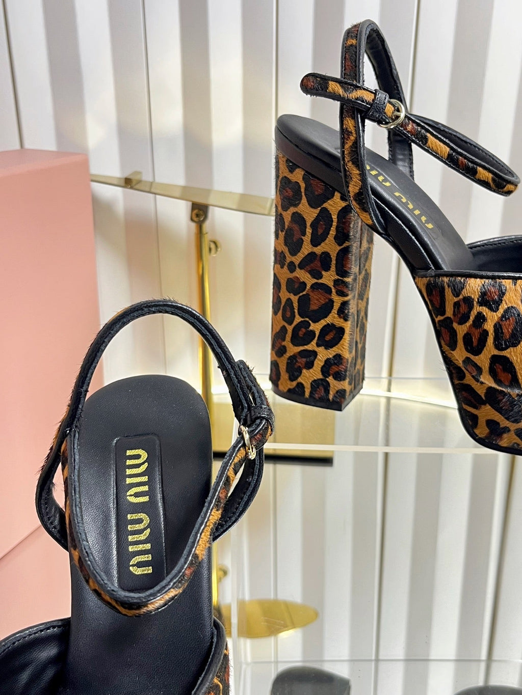 MIUMIU 26S PLATFORM ANKLE STRAP SANDALS 120MM IN LEOPARD PRINT CALF HAIR WITH BOW