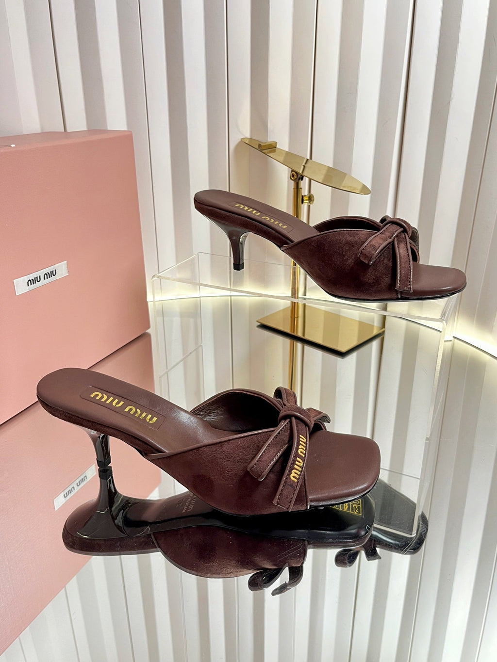MIUMIU 26S MULE SANDALS 55MM IN DARK BROWN SUEDE WITH BOW