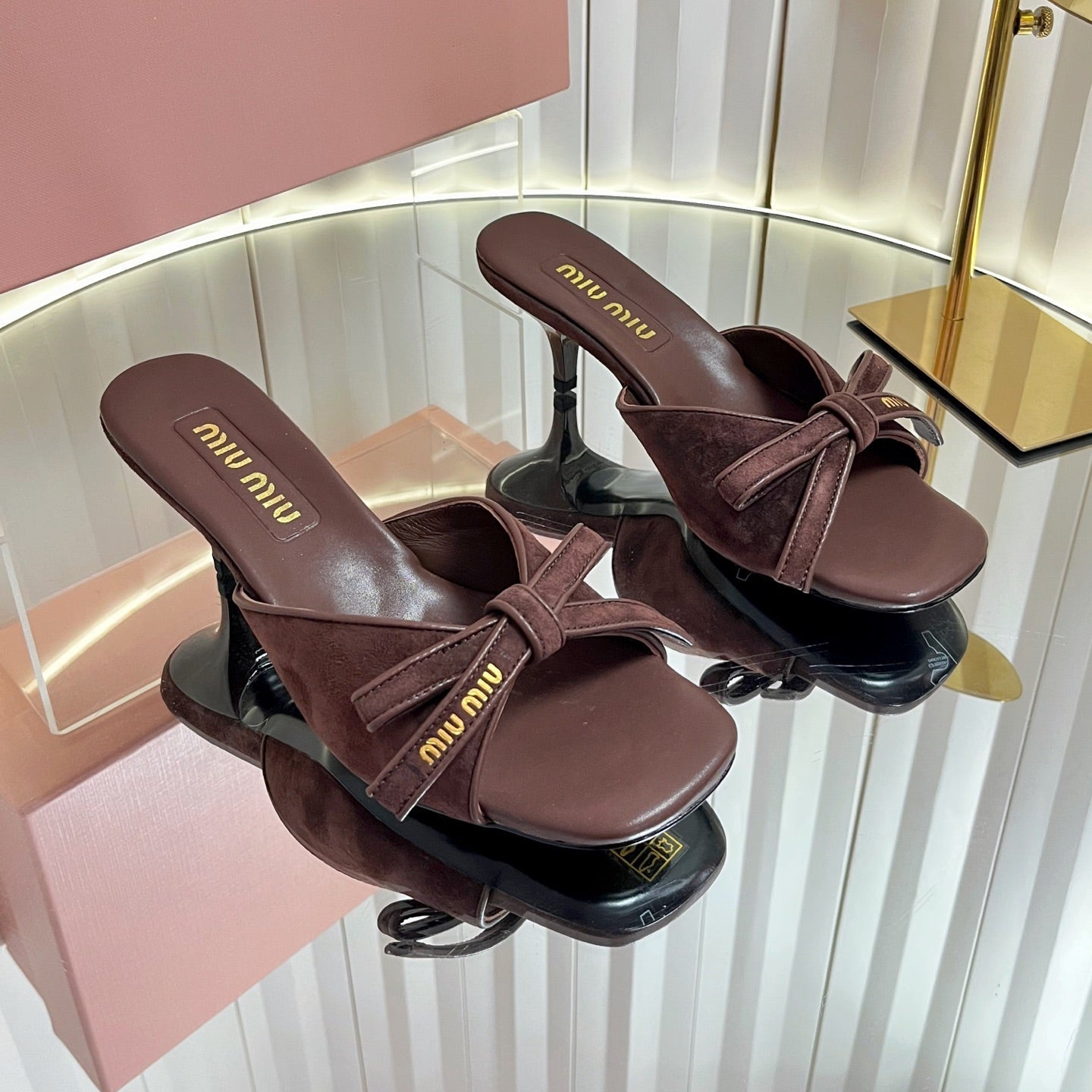 MIUMIU 26S MULE SANDALS 55MM IN DARK BROWN SUEDE WITH BOW