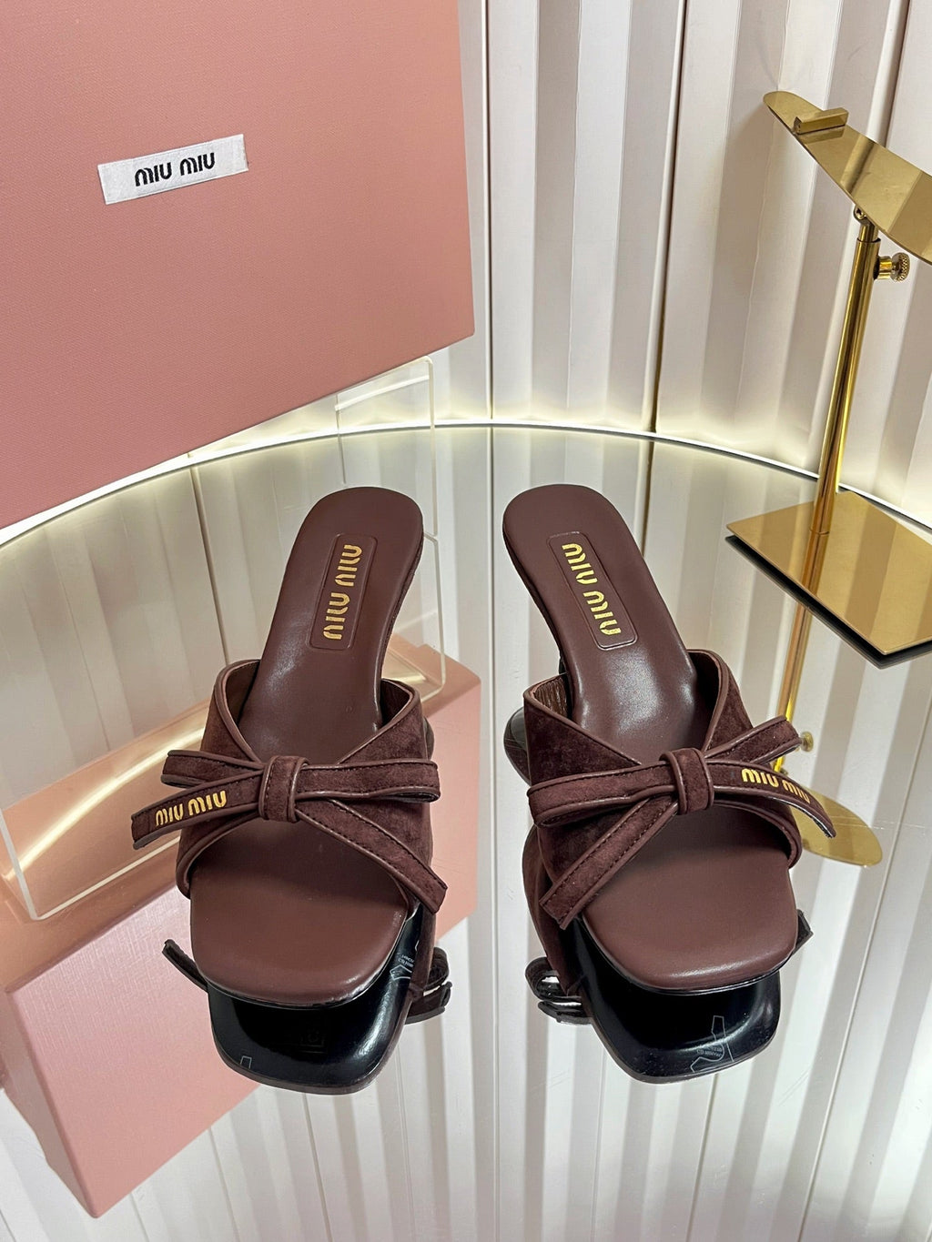 MIUMIU 26S MULE SANDALS 55MM IN DARK BROWN SUEDE WITH BOW
