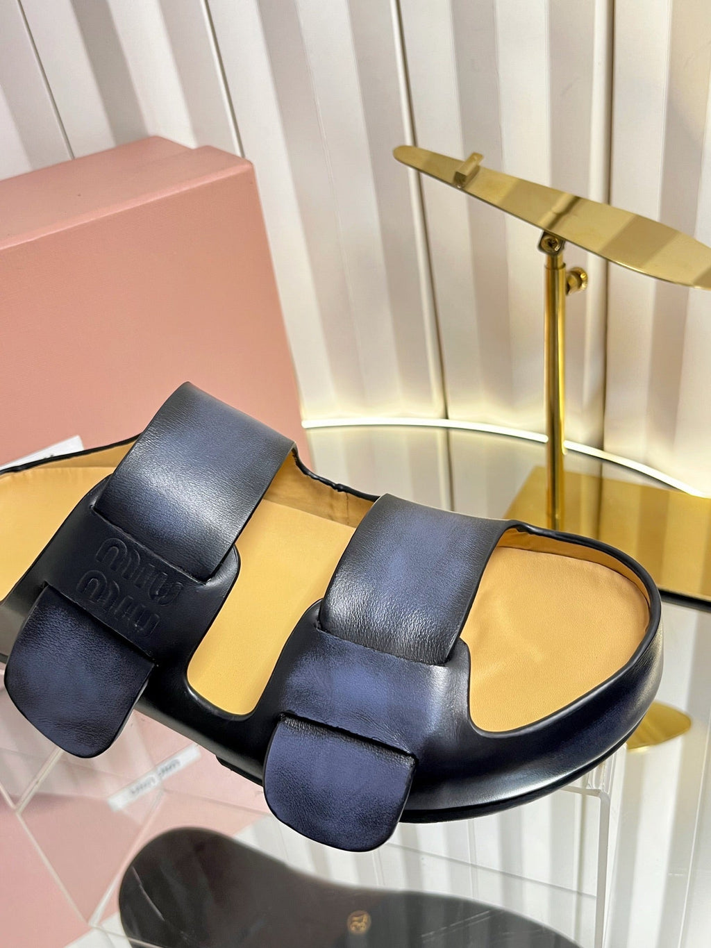 MIUMIU 26S DOUBLE-STRAP SLIDES IN BLACK CALFSKIN