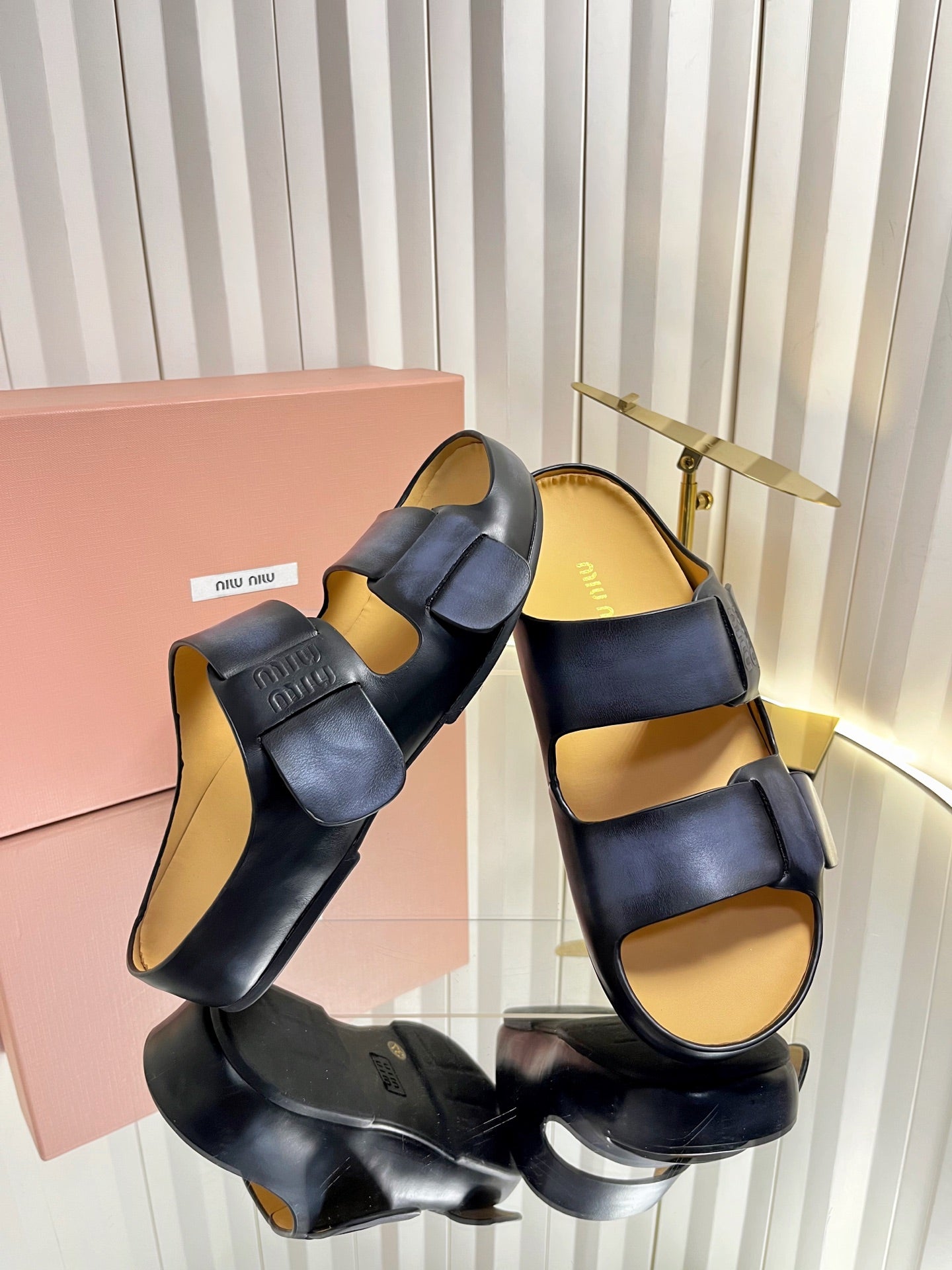 MIUMIU 26S DOUBLE-STRAP SLIDES IN BLACK CALFSKIN