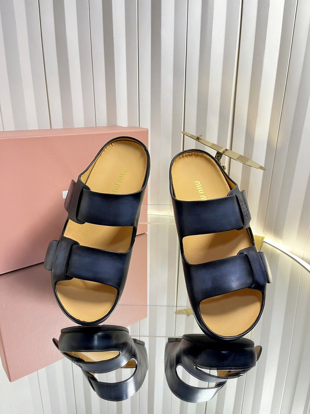 MIUMIU 26S DOUBLE-STRAP SLIDES IN BLACK CALFSKIN
