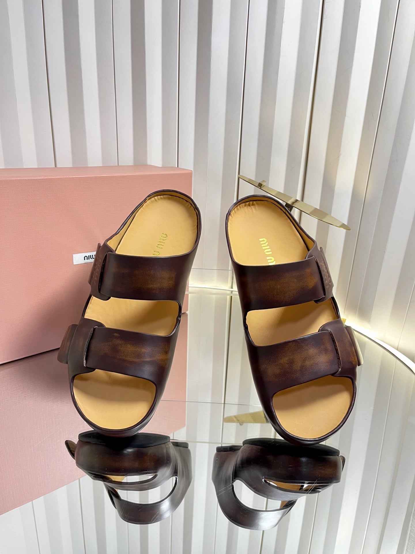 MIUMIU 26S DOUBLE-STRAP SLIDES IN CARAMEL BROWN CALFSKIN