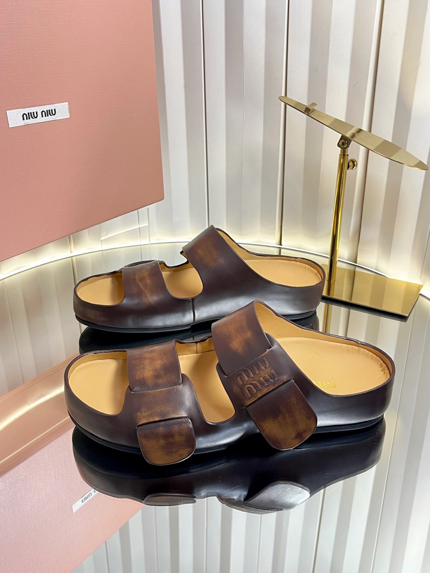 MIUMIU 26S DOUBLE-STRAP SLIDES IN CARAMEL BROWN CALFSKIN