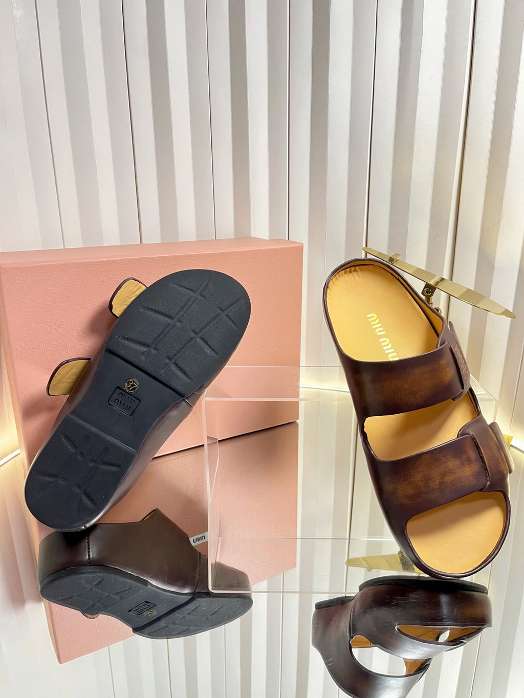 MIUMIU 26S DOUBLE-STRAP SLIDES IN CARAMEL BROWN CALFSKIN