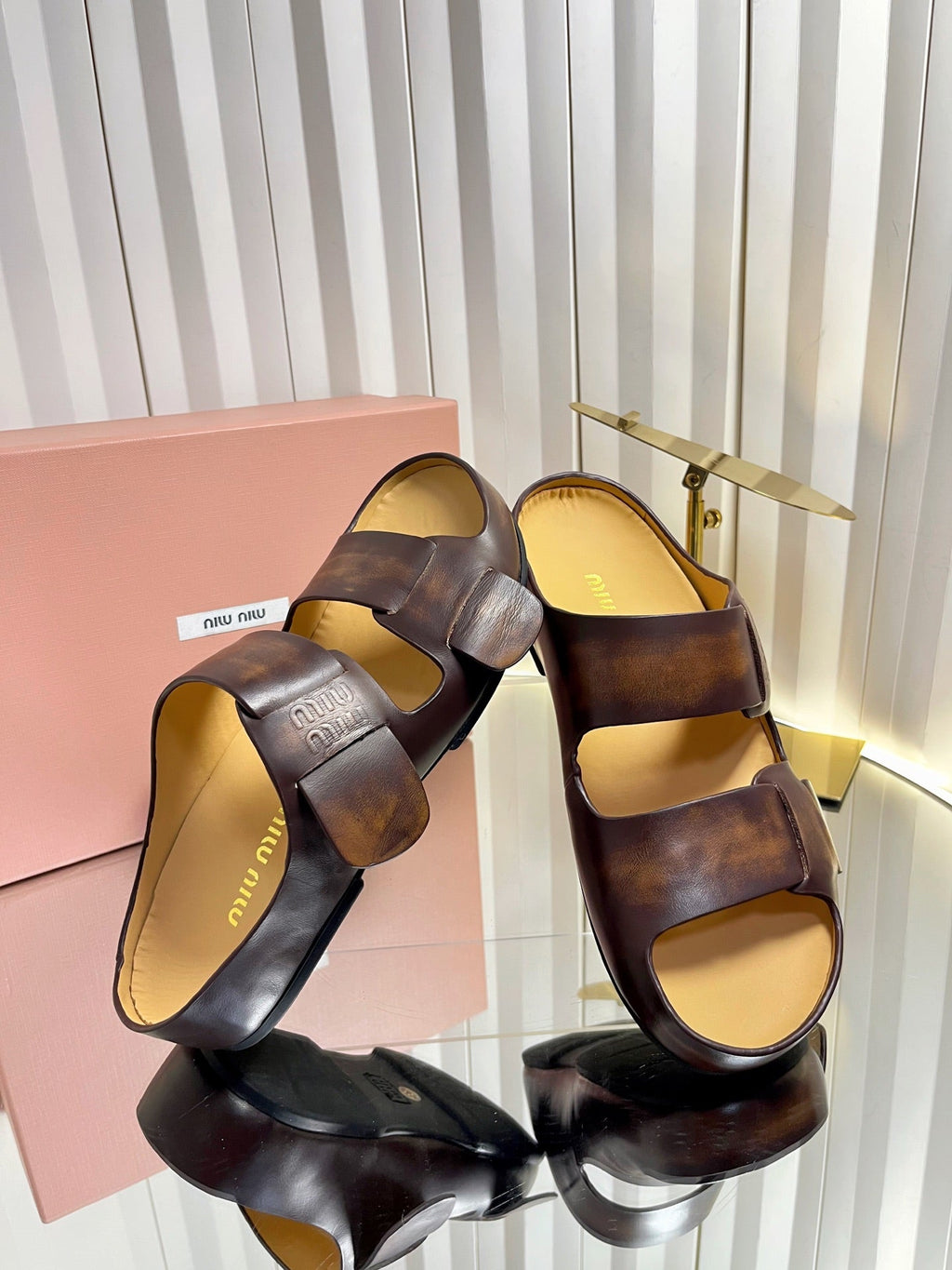 MIUMIU 26S DOUBLE-STRAP SLIDES IN CARAMEL BROWN CALFSKIN