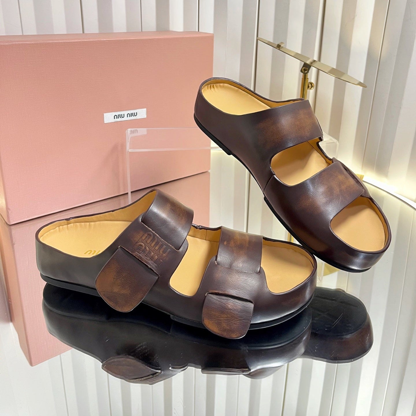 MIUMIU 26S DOUBLE-STRAP SLIDES IN CARAMEL BROWN CALFSKIN