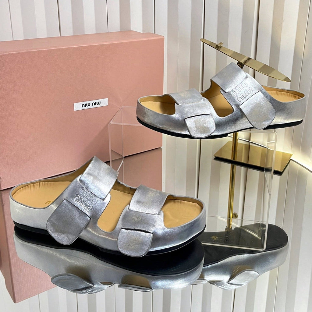 MIUMIU 26S DOUBLE-STRAP SLIDES IN SILVER CALFSKIN