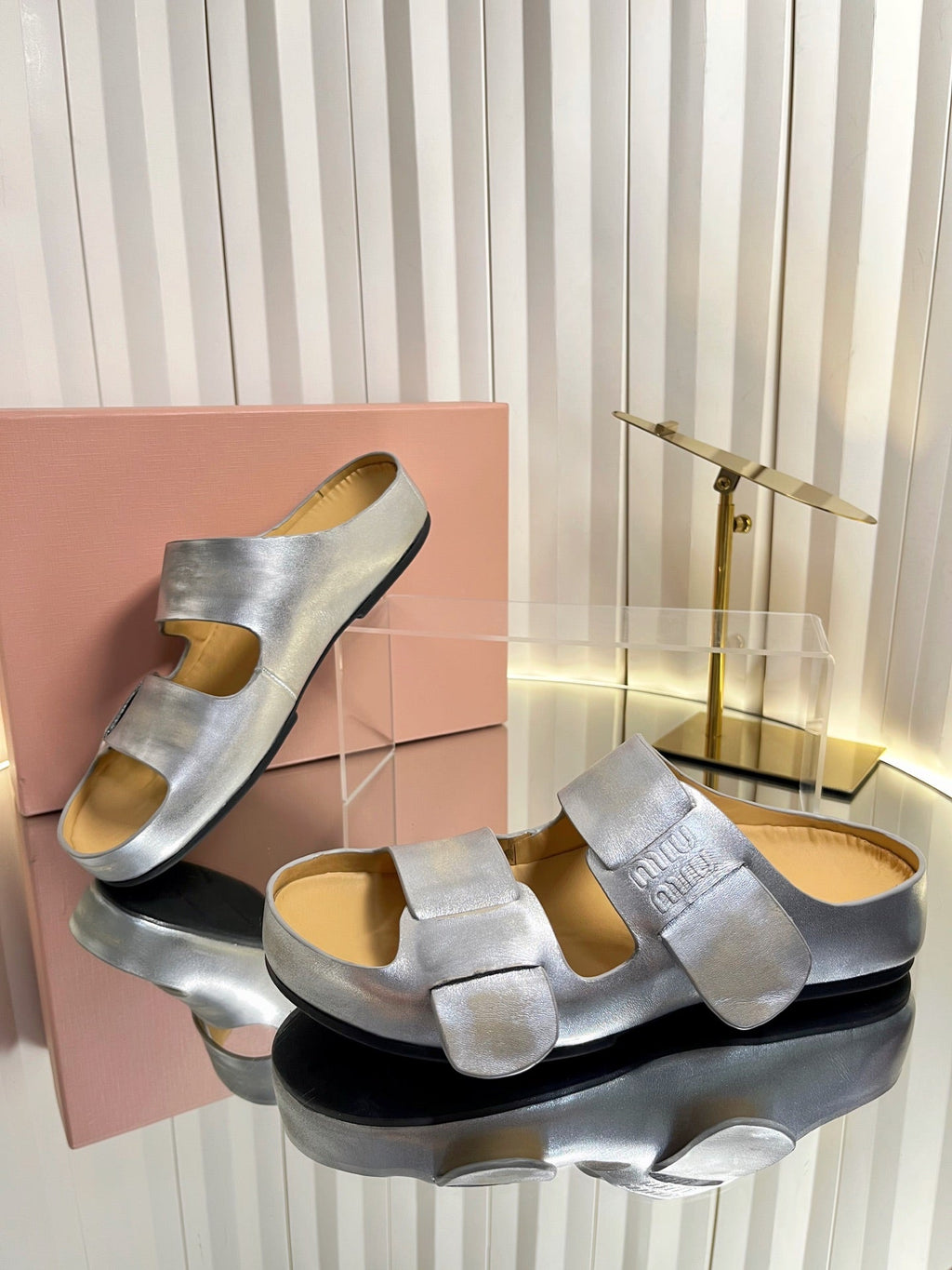 MIUMIU 26S DOUBLE-STRAP SLIDES IN SILVER CALFSKIN