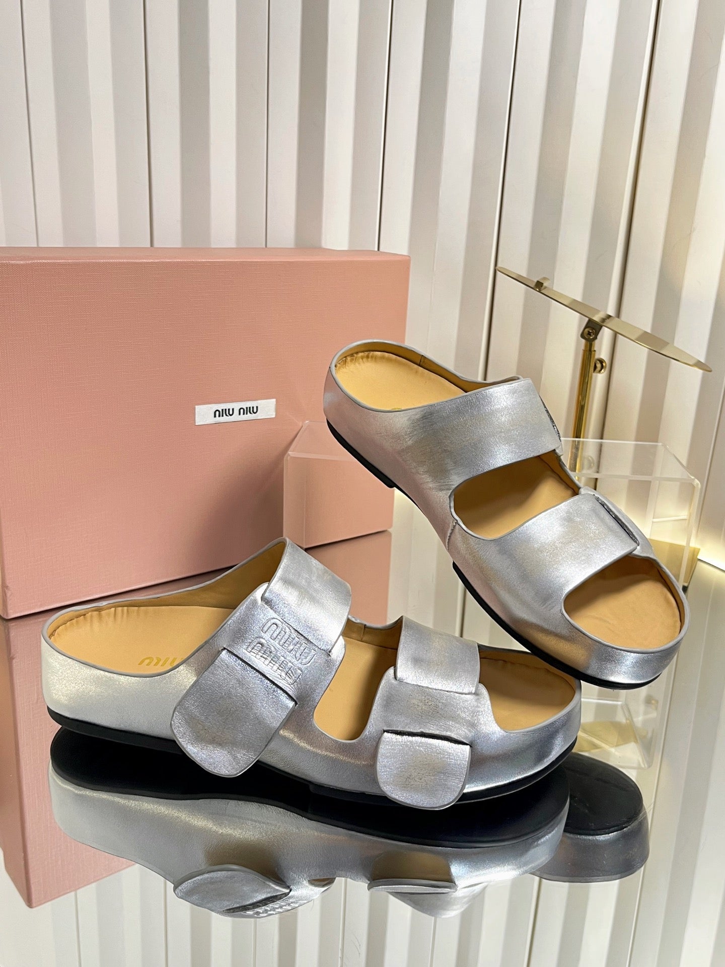MIUMIU 26S DOUBLE-STRAP SLIDES IN SILVER CALFSKIN