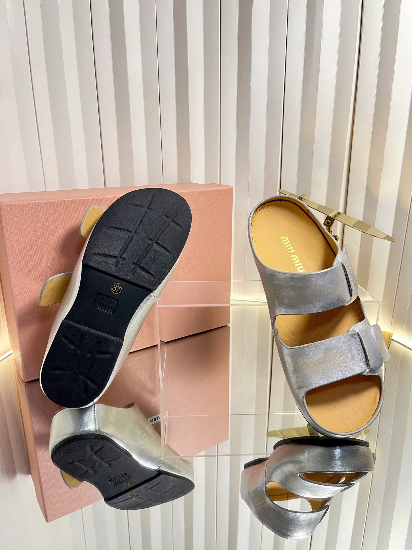 MIUMIU 26S DOUBLE-STRAP SLIDES IN SILVER CALFSKIN