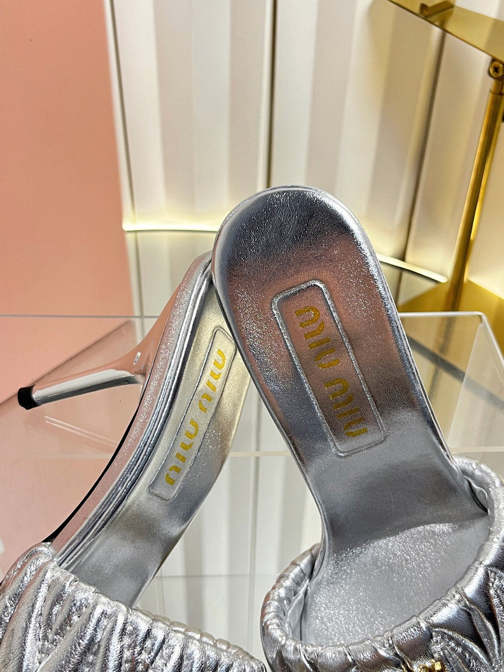 MIUMIU 26S HIGH-HEEL MULE SANDALS 85MM IN SILVER CALFSKIN GOLD HARDWARE