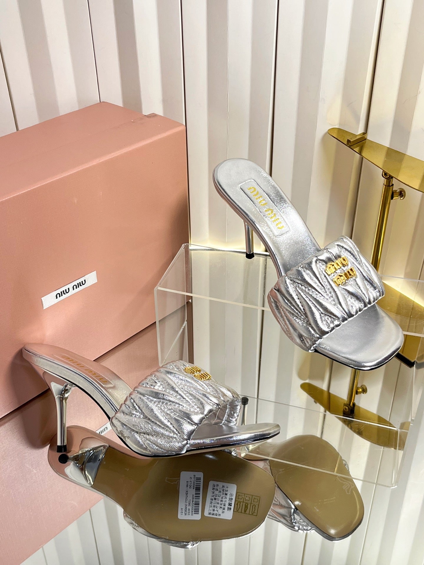 MIUMIU 26S HIGH-HEEL MULE SANDALS 85MM IN SILVER CALFSKIN GOLD HARDWARE