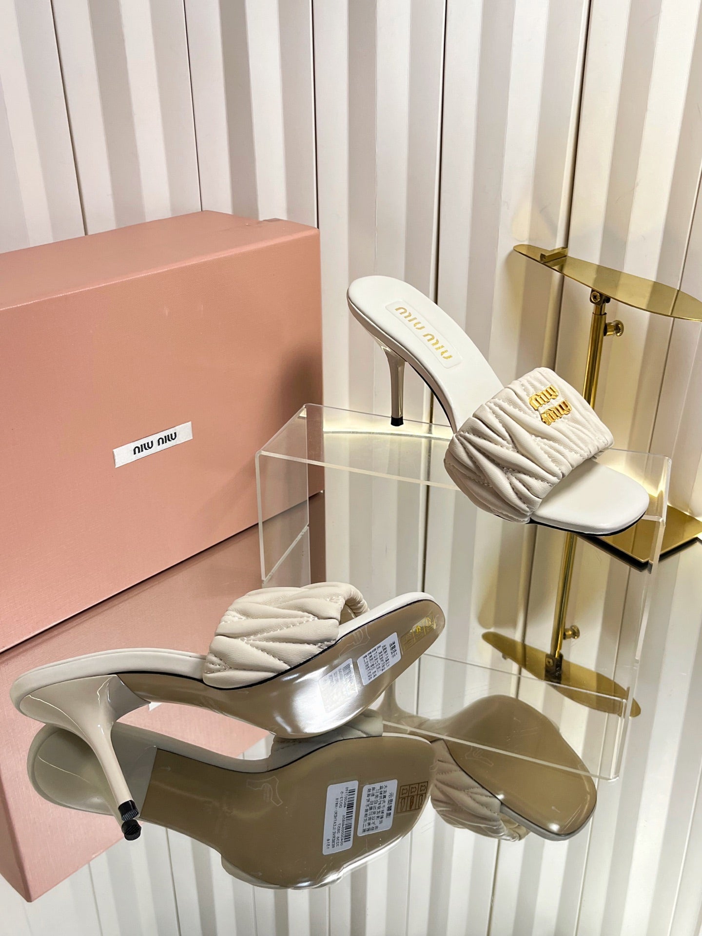 MIUMIU 26S HIGH-HEEL MULE SANDALS 85MM IN LIGHT BEIGE CALFSKIN GOLD HARDWARE