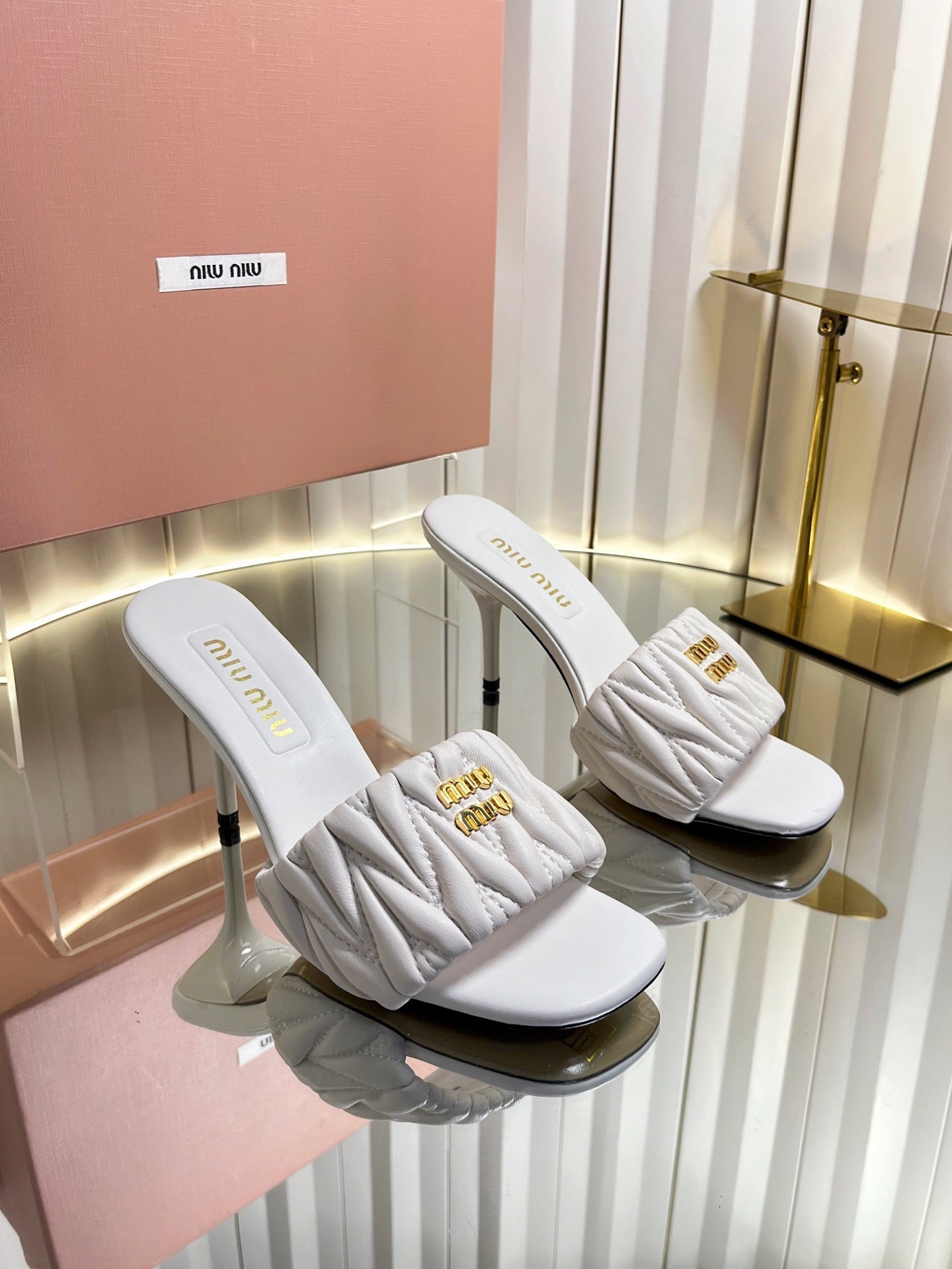 MIUMIU 26S HIGH-HEEL MULE SANDALS 85MM IN WHITE CALFSKIN GOLD HARDWARE