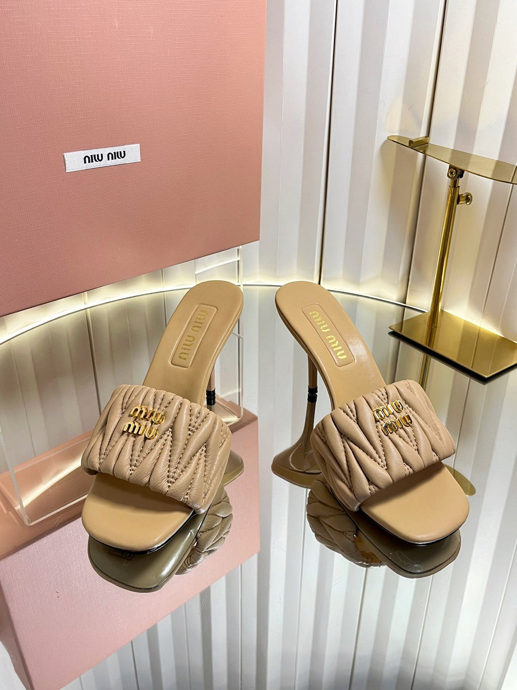 MIUMIU 26S HIGH-HEEL MULE SANDALS 85MM IN BEIGE CALFSKIN GOLD HARDWARE