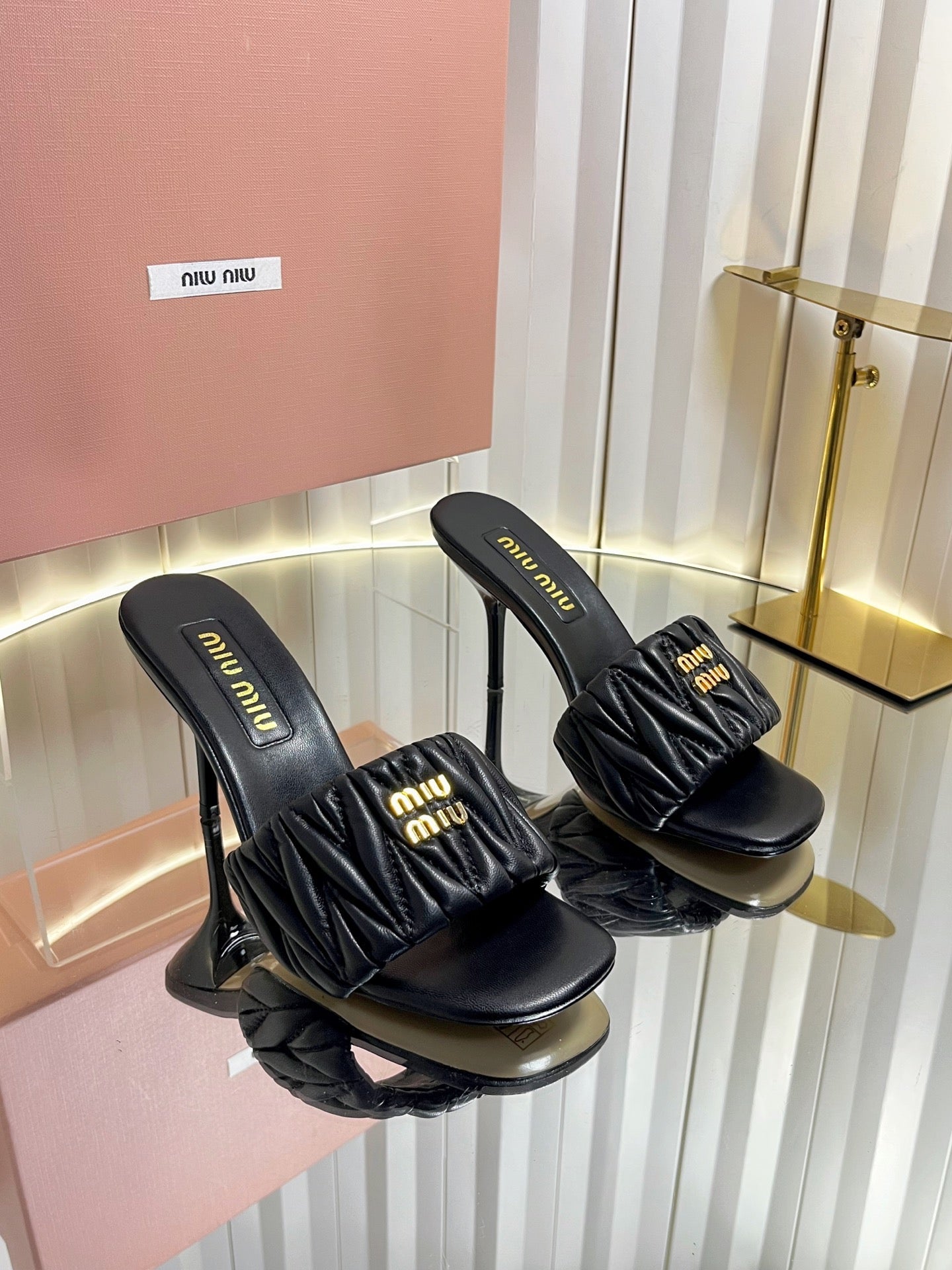 MIUMIU 26S HIGH-HEEL MULE SANDALS 85MM IN BLACK CALFSKIN GOLD HARDWARE
