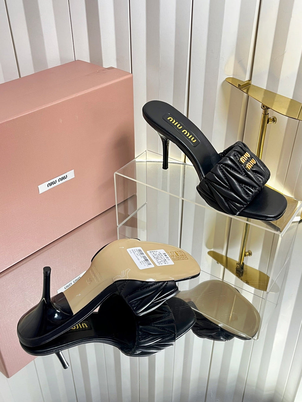 MIUMIU 26S HIGH-HEEL MULE SANDALS 85MM IN BLACK CALFSKIN GOLD HARDWARE