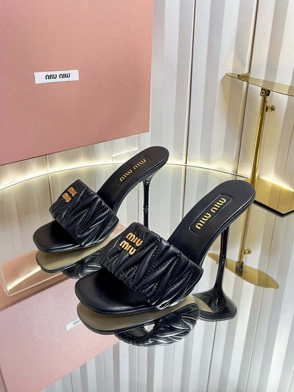 MIUMIU 26S HIGH-HEEL MULE SANDALS 85MM IN BLACK CALFSKIN GOLD HARDWARE
