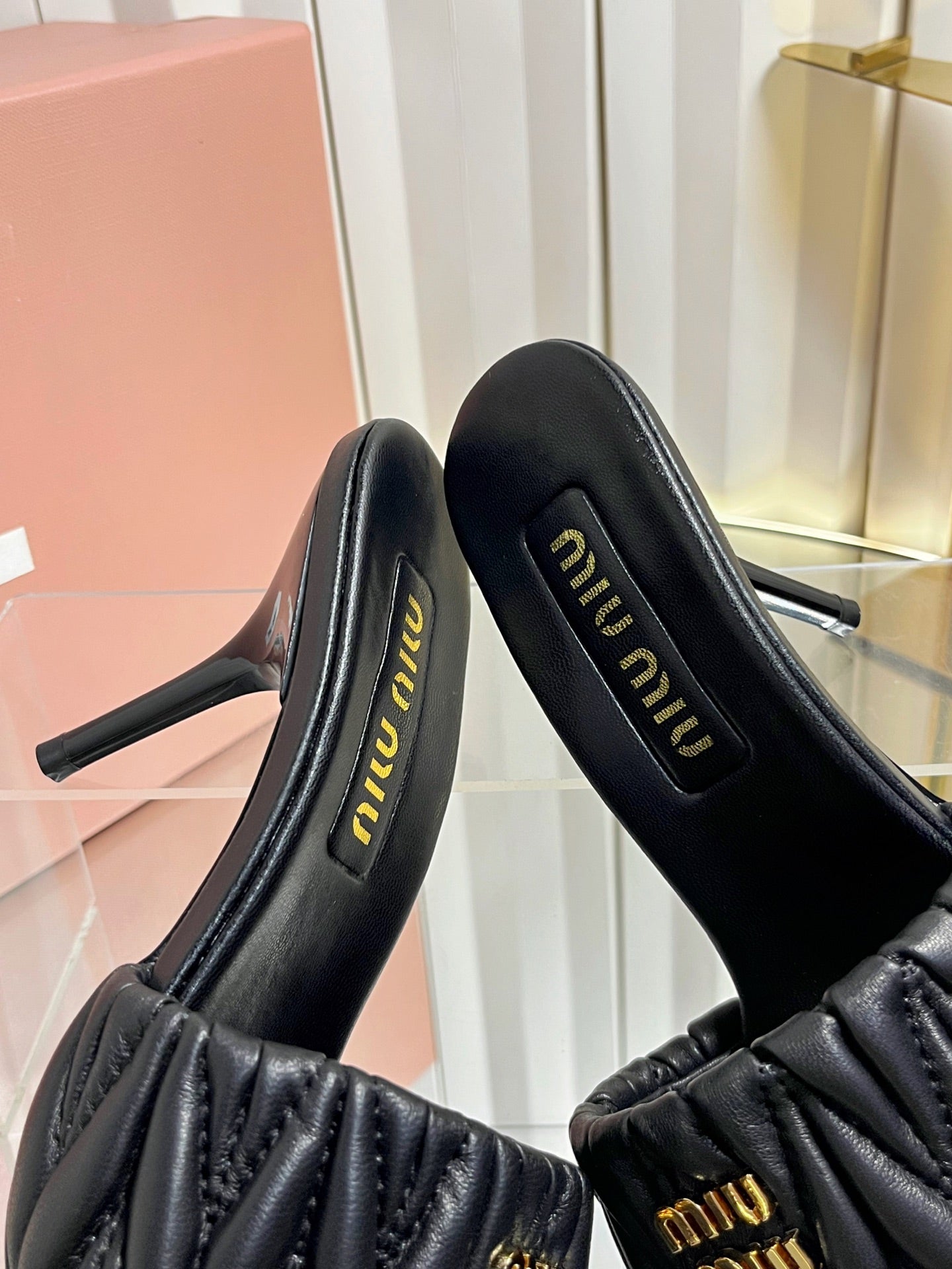 MIUMIU 26S HIGH-HEEL MULE SANDALS 85MM IN BLACK CALFSKIN GOLD HARDWARE