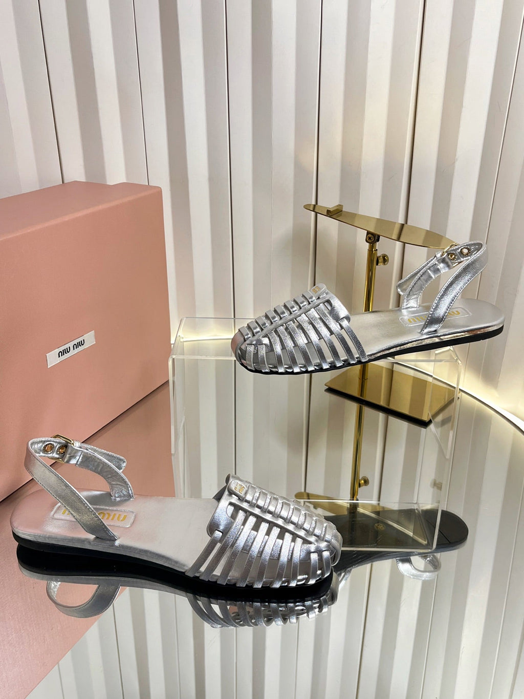 MIUMIU 26S SLINGBACK SANDALS IN SILVER CALFSKIN