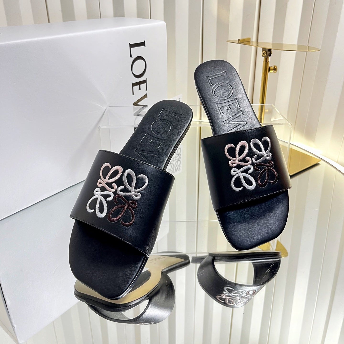 LOEWE 26S LOGO-EMBROIDERED SANDALS IN BLACK CALFSKIN