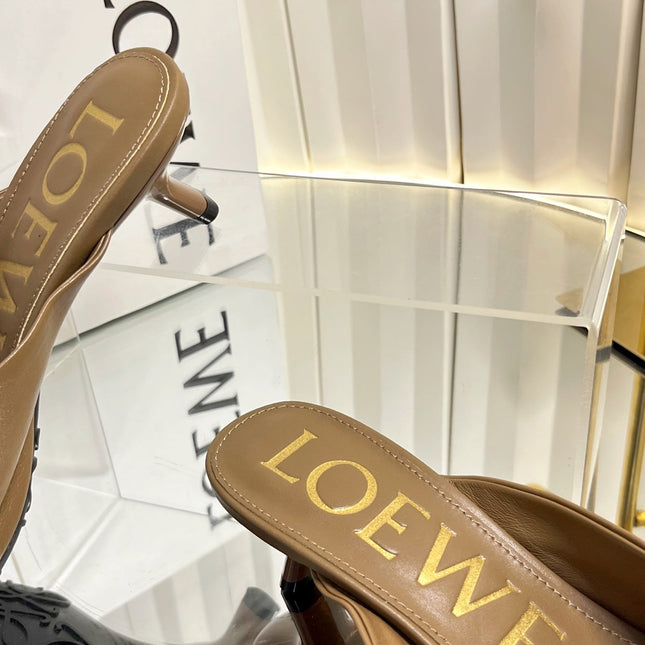 LOEWE 26S HEELED SANDALS 45 MM IN CAMEL BROWN CALFSKIN