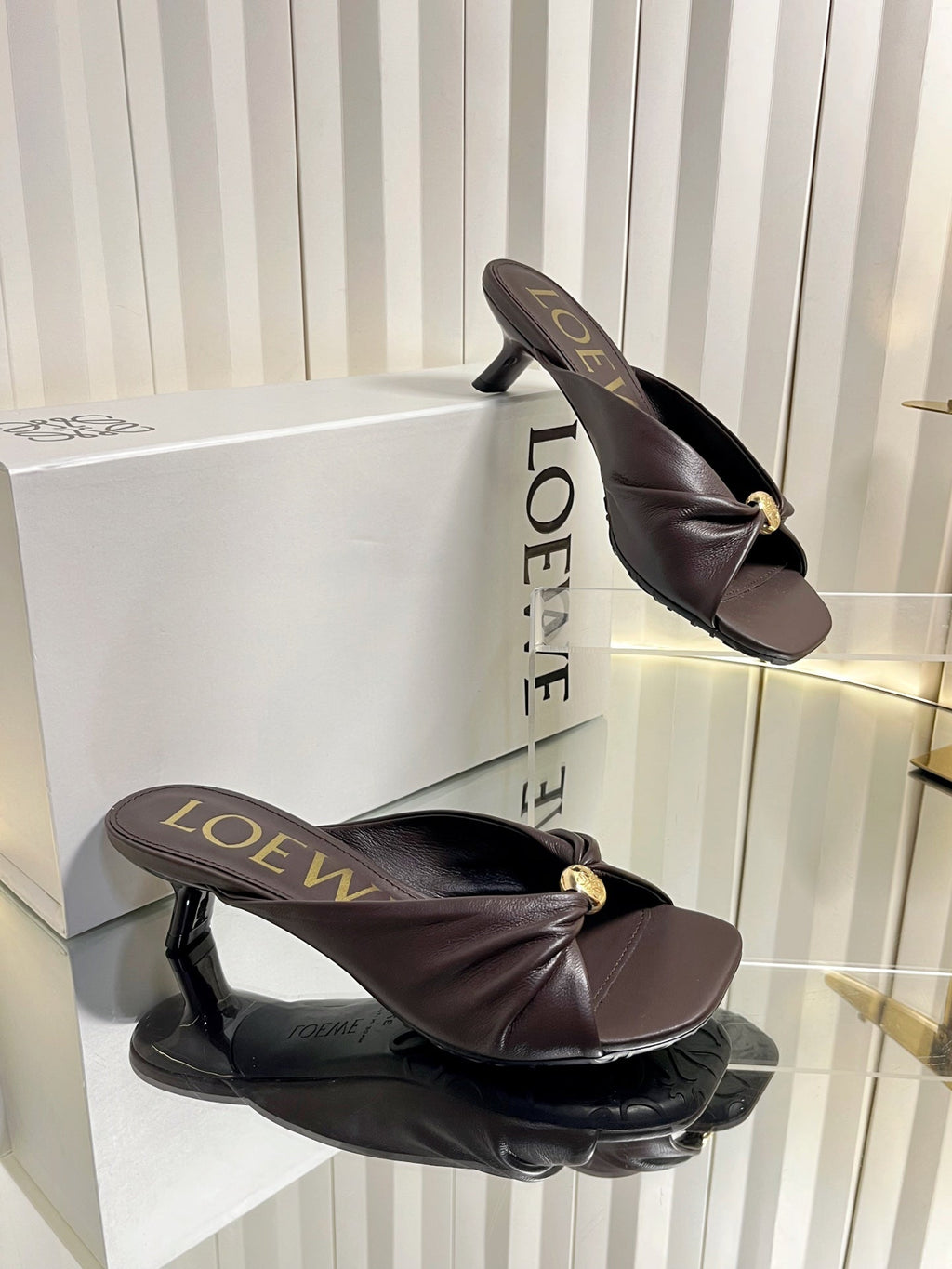 LOEWE 26S HEELED SANDALS 45 MM IN DARK BROWN CALFSKIN