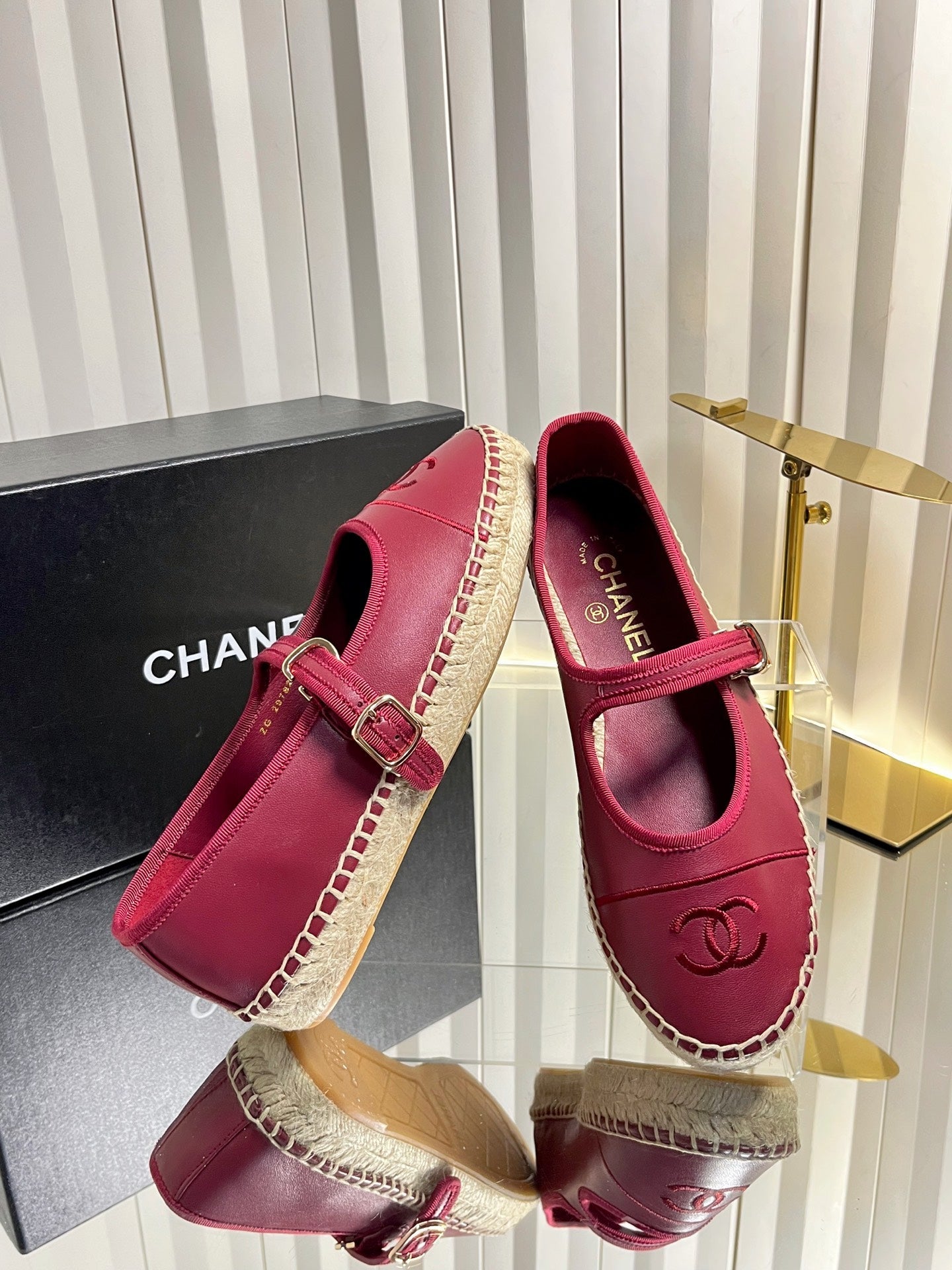 CHANEL 26S ESPADRILLE MARY JANE SHOES IN DARK RED LAMBSKIN